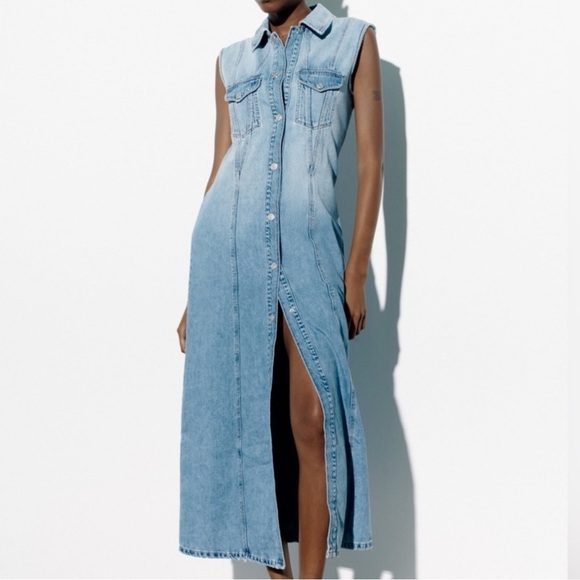 Zara blue maxi long denim jean distressed sleeveless button down dress sz XL - Picture 1 of 16